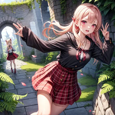 pink blonde、red eyes、one good looking girl、solo、anime、plaid mini skirt、the skirt has buttons、black camisole、black t-shirt、dress、wearing a ribbon、ribbon at waist、cloak、hood、stone slabs are piled up、crystal earrings、monster castle、jewelry necklace、Light and ...