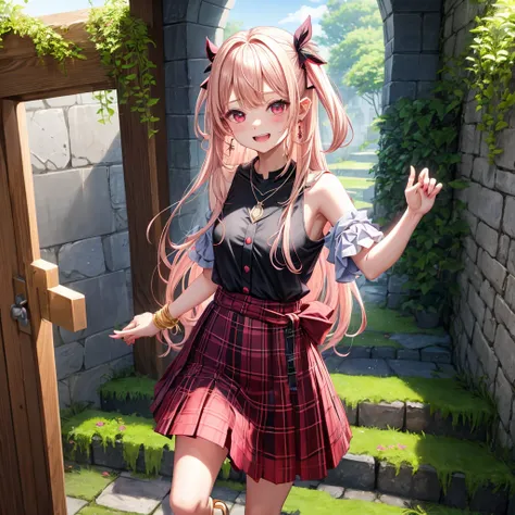 pink blonde、red eyes、one good looking girl、solo、anime、plaid mini skirt、the skirt has buttons、black camisole、black t-shirt、dress、wearing a ribbon、ribbon at waist、cloak、hood、stone slabs are piled up、crystal earrings、monster castle、jewelry necklace、Light and ...