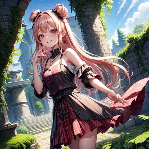 pink blonde、red eyes、one good looking girl、solo、anime、plaid mini skirt、the skirt has buttons、black camisole、black t-shirt、dress、wearing a ribbon、ribbon at waist、cloak、hood、stone slabs are piled up、crystal earrings、monster castle、jewelry necklace、Light and ...