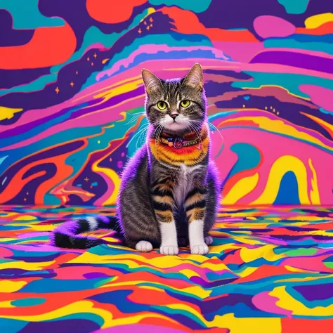 Pixel art，Cat，anger，the background is magnificent，Colorful fur，bold color pattern，One animal，miracle，future map