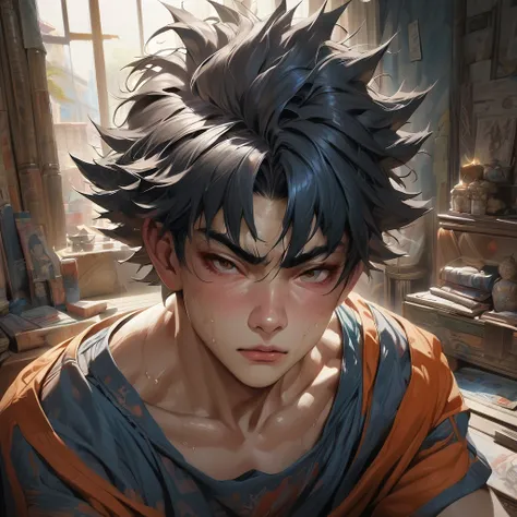 1boy, Son Goku, Dragonball, disheveled hair, aesthetic, extremely detailed, perfect composition, moist skin, intricate details, illustration, (best quality:1.2), (ultra-detailed:1.1), (realistic:1.37), (masterpiece:1.2), portraits, vivid colors, dramatic l...