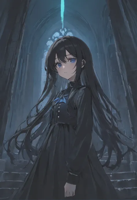 Anime girl with long black hair and blue eyes, anime moe art style, gothic otome anime girl, Gap Moe Yandere Grim Dark, anime girl in a black dress, ghostly eyes and black hair, 1 7 - year old anime goth girl, ufotable art style, by Hitoshi Homura, fateful...