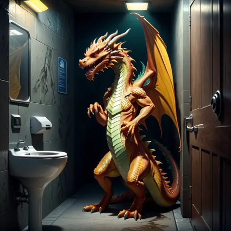 hyperrealism of digital art. an anthropomorphic dragon pisses in a public toilet in a urinal. the view from the back. hyperdetal...