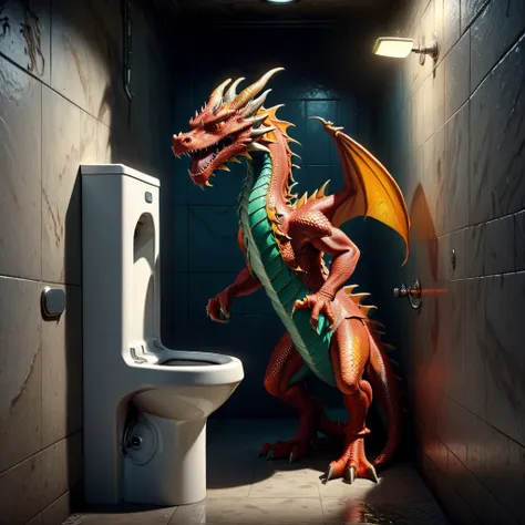 hyperrealism of digital art. an anthropomorphic dragon pisses in a public toilet in a urinal. the view from the back. hyperdetal...