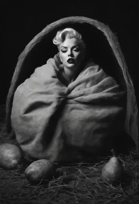 Analog,full body photo of Marilyn Monroe in a potato sack,Bert Stern,1962,fine art,studio lighting,vintage style,black and white,classic beauty,subtle details,ultra-high resolution,retro charm,striking pose,soft shadows,grainy texture,iconic figure,express...