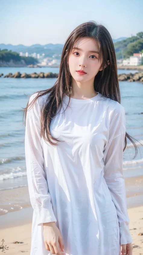 1 girl,kawaii,Detailed face,looking at the audience,focus,masterpiece,best quality, high resolution,8k,complex,elegant,Very detailed,Dynamic lightingBREAKLong hair flows elegantly in the gentle sea breeze,The fading sunlight casts warmth, The ethereal ligh...