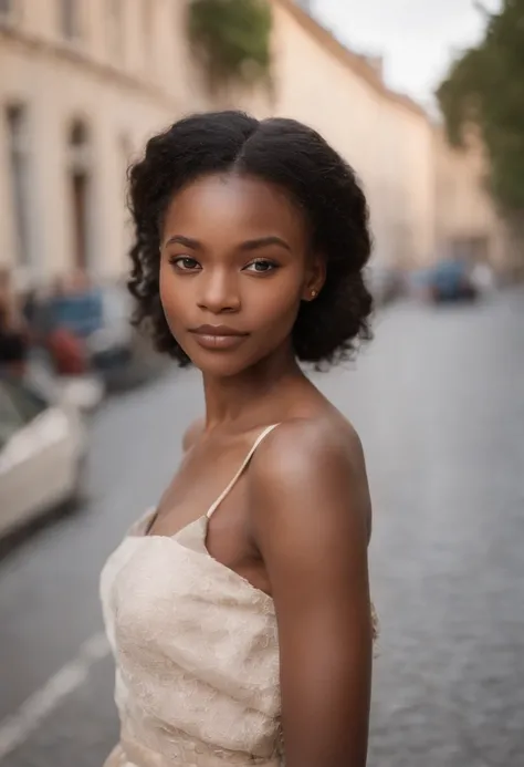  Un portrait photoréaliste dune africaine de 21 ans avec de longs cheveux noirs flottants et des yeux sombres saisissants. Elle doit avoir une expression naturelle et accessible et être éclairée par la douce lumière du soleil dorée. The background should b...