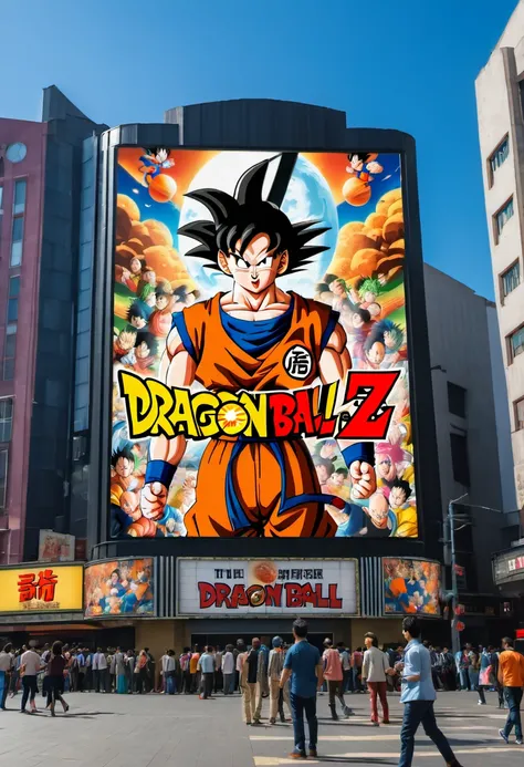 (best quality,4k,8k,highres,masterpiece:1.2),ultra-detailed,on the billboard in the citys cinema, a large poster of the movie with the name "Dragon Ball", in the background a crowd of people on the streets of a city, (art deco), 70s,