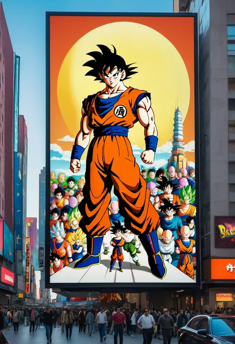 (best quality,4k,8k,highres,masterpiece:1.2),ultra-detailed,on the billboard in the citys cinema, a large poster of the movie with the name "Dragon Ball", in the background a crowd of people on the streets of a city, (art deco), 70s,