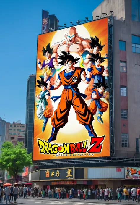 (best quality,4k,8k,highres,masterpiece:1.2),ultra-detailed,on the billboard in the citys cinema, a large poster of the movie with the name "Dragon Ball", in the background a crowd of people on the streets of a city, (art deco), 70s,