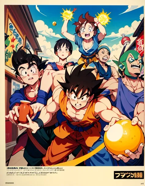 dragon ball anime illustration、Sun Wukong、Piccolo Daimaou、TIANJIN RICE、Drink tea、bloomers、Krillin、Master Roshi、Group Picture、Cover picture、akira toriyama style、The background is、Tenkaichi Ball venue、ultra detailed, ultra high res, 8k, best quality, masterp...