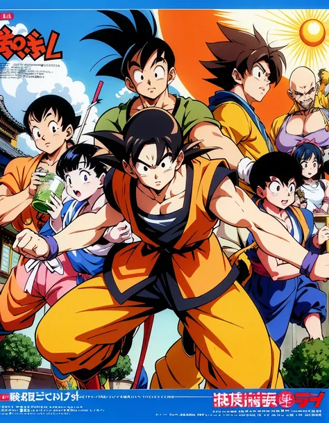 dragon ball anime illustration、Sun Wukong、Piccolo Daimaou、TIANJIN RICE、Drink tea、bloomers、Krillin、Master Roshi、Group Picture、Cover picture、akira toriyama style、The background is、Tenkaichi Ball venue、ultra detailed, ultra high res, 8k, best quality, masterp...