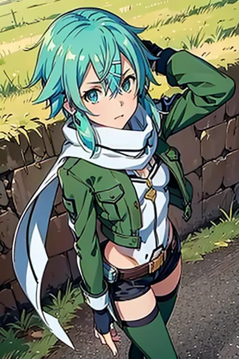 (masterpiece), best quality, expressive eyes, perfect face, highres, sinon1, scarf, fingerless gloves, long sleeves, short short...