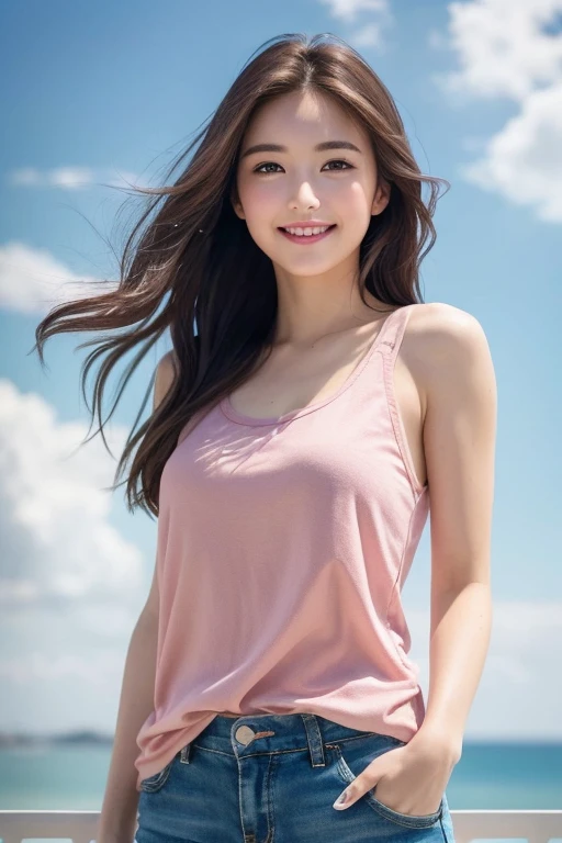 (8k, highest quality, masterpiece:1.2), (realistic, realistic:1.37), super detailed, 1 girl,cute,alone,beautiful and detailed sky,date,(blush),(smile:1.15),(closed mouth)small breasts,detailed and beautiful eyes,(long hair: 1.2),Floating hair NovaFrogStyle...