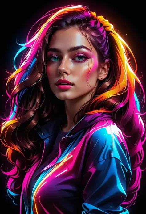 graphic design, pretty girl with long hair, wrapped in colorful flexible neon lights, t shirt design,tshirtdesignaf, realistic d...