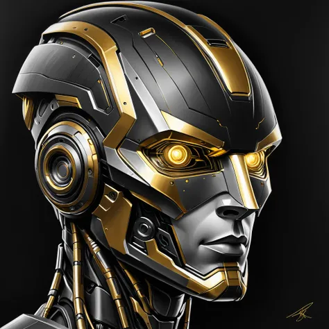 ，(character sketch:1.1)，(charcoal drawing:1.2)，Sketch，(pencil drawing:1.3)，Charcoal painting style，Black -white-gold ，character sketch, high resolution, 1man, Solo, (Detailed face), kda，bioluminic, Black and white and gold colors galactic cybernetic mask, ...