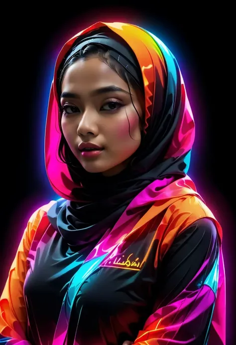 graphic design, pretty indonesian girl wearing a hijab, wrapped in colorful flexible neon lights, T shirt design,TshirtDesignAF, realistic design, HD, 8K