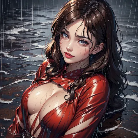 (Best quality, 4K, tmasterpiece :1.Beutiful women, 1 Sister, (, attractive body :1.2), Abs :1.1, dark brown hair: 1.1,  curly hair, (rainy wet, wet from rain, Soaked :1.2), The face very detailed, detailred lips, detailed eyes, double eyelid, red clothing....