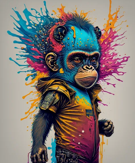 (a portrait of Cyberpunk Monkey with colored fluid), T-shirt logo in tapered thin outline style, spell view, artwork in (empty background:1.4)