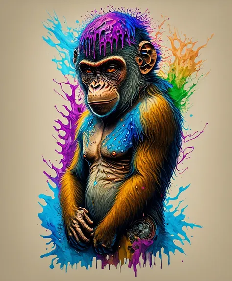 (a portrait of cyberpunk monkey with colored fluid), t-shirt logo in tapered thin outline style, spell view, artwork in (empty b...