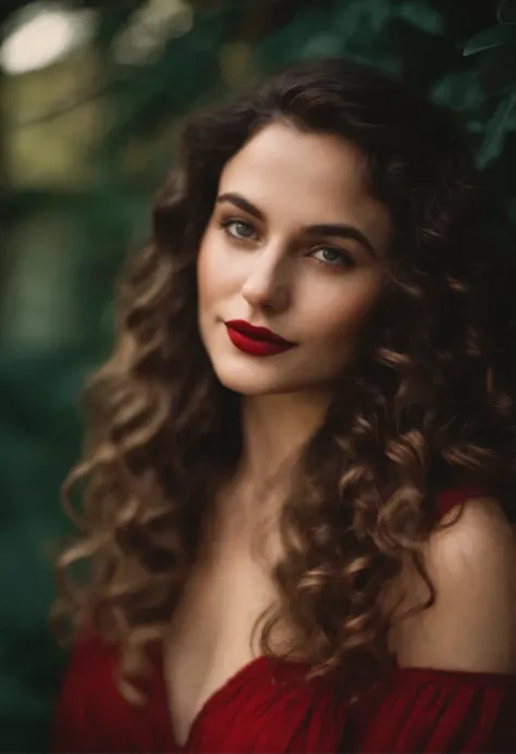 [white-skinned woman:1.2, long curly hair:1.2, elegant red dress, snub-nosed, bright brown eyes], portrait, VSCO filter: C8)