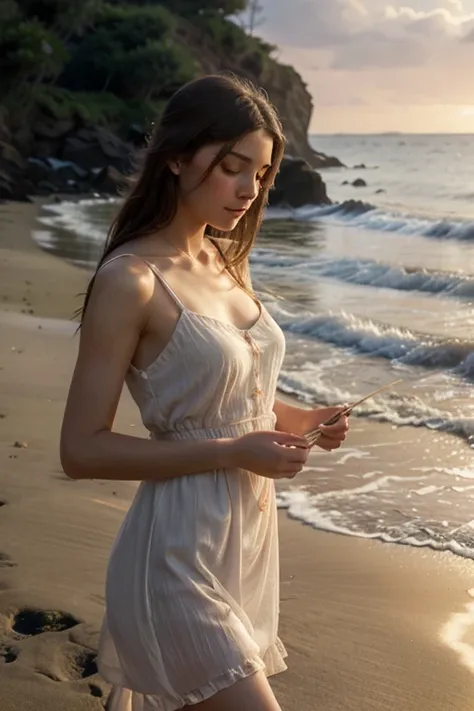 Soft, ethereal lighting, gentle brush strokes, romantic atmosphere, serene beach setting, lifelike details, flowing dress, natural colors, digital illustration, high-resolution, romantic realism, warm and inviting mood.