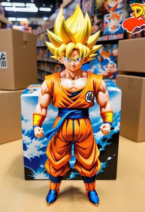 (best quality,4k,8k,highres,masterpiece:1.2),ultra-detailed, goku doll inside a box, product for sale, dragon ball, in a toy store,