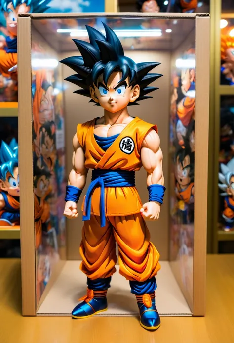 (best quality,4k,8k,highres,masterpiece:1.2),ultra-detailed, goku doll inside a box, product for sale, dragon ball, in the windo...