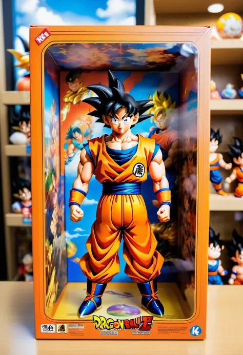 (best quality,4k,8k,highres,masterpiece:1.2),ultra-detailed, goku doll inside a box, product for sale, dragon ball, in the windo...