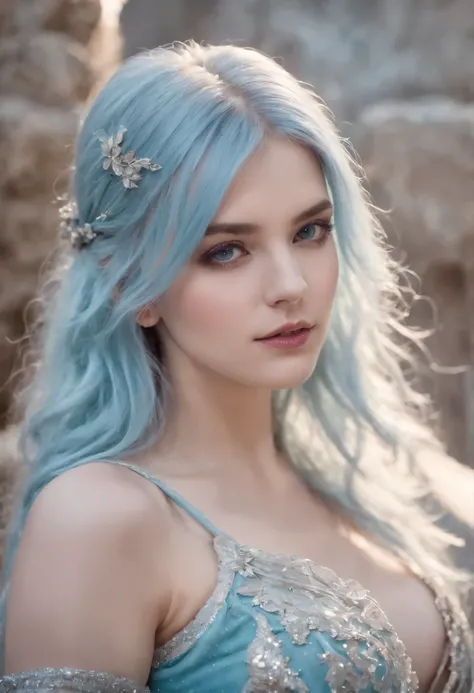 A beautiful young woman (1 girl) about 20 years old. powerful look. Imposing appearance. Long light blue hair, straight hair, ((messy)) hair, ((hair bangs)). hair blowing in the air. Ice Cristals a light emerging for her right hand. ((big perfect purple ey...