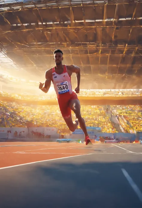 Neste primeiro quadrinho, somos transportados para uma atmosfera eletrizante no campo de atletismo de uma escola. The racetrack stretches out in front of us, cercada por arquibancadas repletas de espectadores animados. The sky is clear, with the sun castin...