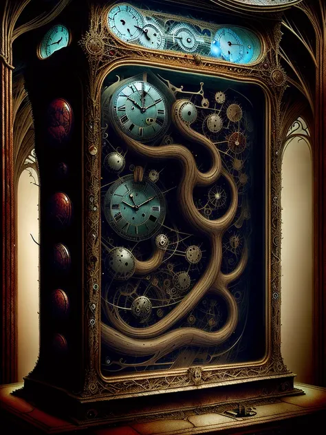 time flows from a broken clock, drop by drop, surreal fantasy daniel merriam, h. r. giger and remedios var artist style