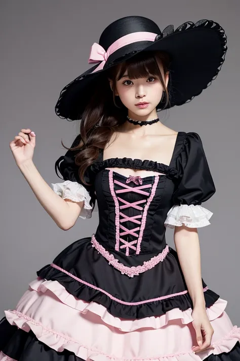 Arafe wearing a pink and black dress and hat, Takanobu Fujiwara(Takanobu Fujiwara)Digital rendering inspired by, pixiv, Rococo, Victoria Gothic lolita fashion, lolita style, Rococo女王 (Rococo女王) , Rococoドレス,  lolita fashion, one piece,lingerie