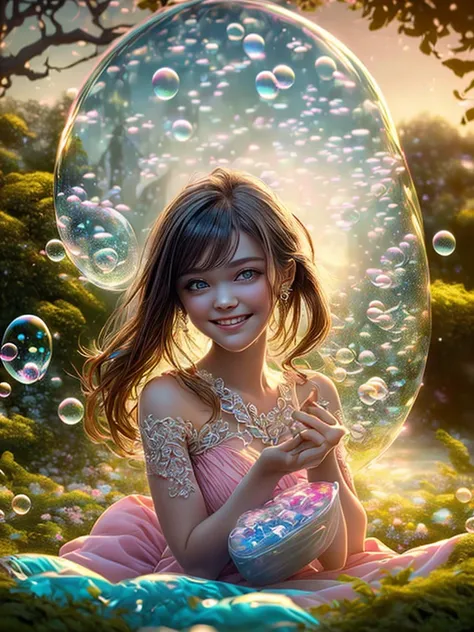 (cropped profile photo), ((1 beautiful young woman inside a soap bubble sitting on a pink pillow, flying through a beautiful and...