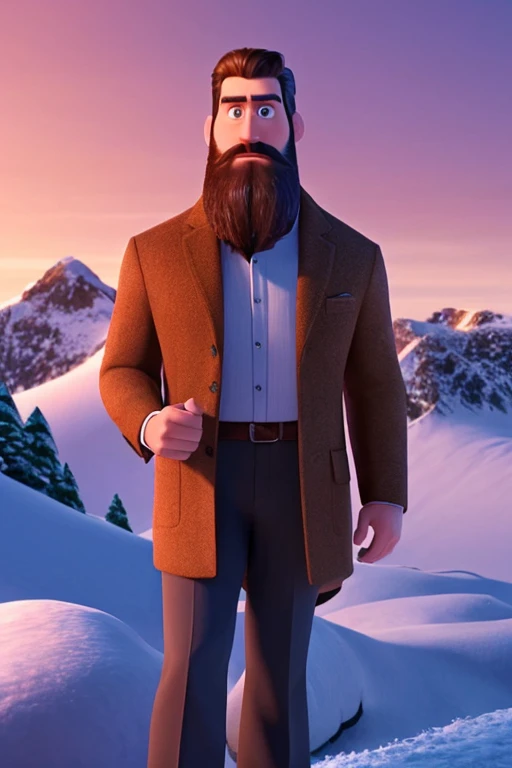 A handsome man with a beard is standing in front of a snowy mountain，4K，Pixar style