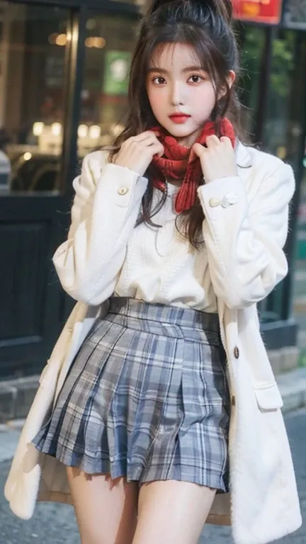 Girl on the street of snow town,White knit cap,white dozen,long coat,Gloves,red scarf,Plaid pleated skirt,18 years old,Bangs,a little smile,thigh,knee,short hair,ponytail,from below