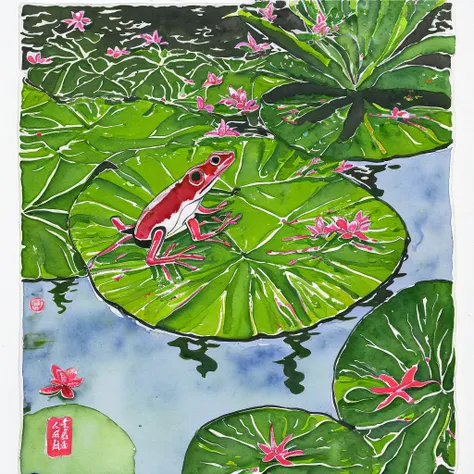 a frog on a lily pad in a pond, (painted in watercolor on rice paper) (art style of wu guanzhong)