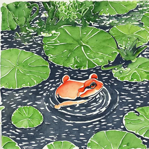 a frog on a lily pad in a pond, (painted in watercolor on rice paper) (art style of wu guanzhong)