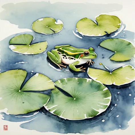 A frog on a lily pad in a pond, (painted in watercolor on rice paper) (art style of Wu Guanzhong)