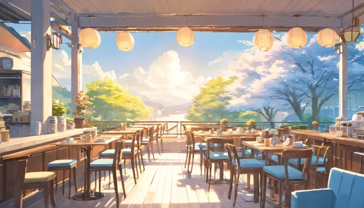 (((Terrace seats at a stylish cafe))), (((white and light blue interior))), (((fluffy cushions and sofa))), ((no one is there)), ((table) Laptop on top, breakfast)), ((Beautiful morning sun through the computer)), (You can see the cherry blossom trees and ...