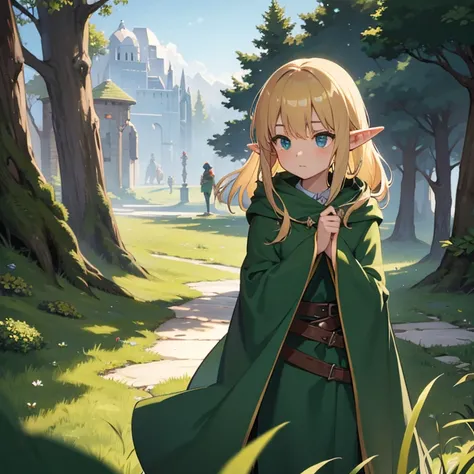 Elf, blonde hair, green cloak