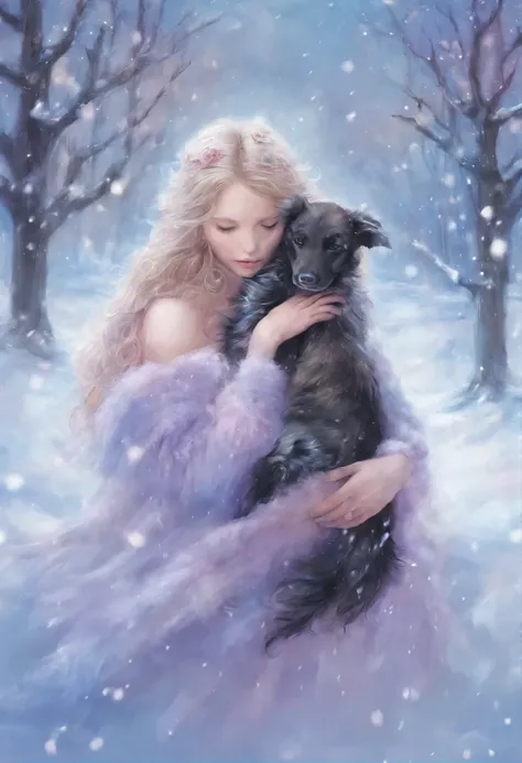 cuddling, the heart is crying, girls, snow, winter, girl hugging a dog