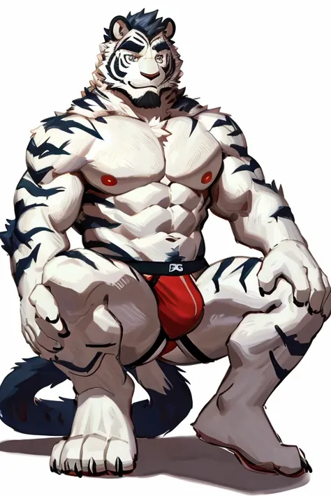 Shirtless, white tiger, 1 boy, solo, light-white fur, white fur, black beard, anthro (white tiger), male, old-aged, white body, white belly, tail, muscular, jockstrap, lay on floor, open leg, show ass hole, white background,high quality, super detail, 1080...