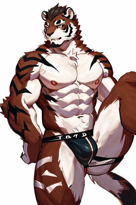 Shirtless, white tiger, 1 boy, solo, light-white fur, white fur, black beard, anthro (white tiger), male, old-aged, white body, white belly, tail, muscular, jockstrap, stand, open leg, show ass hole, white background,high quality, super detail, 1080P, high...