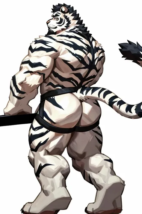 Shirtless, white tiger, 1 boy, solo, light-white fur, white fur, black beard, anthro (white tiger), male, old-aged, white body, white belly, tail, muscular, jockstrap, stand, open leg, show ass hole, white background,high quality, super detail, 1080P, high...