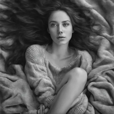 Portrait, black and white colors, top-down angle, lying down, young woman, hair spread out, hands on face, wearing sweater, hyper realistic style 