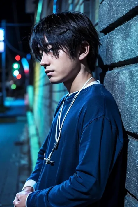 Daisuke Asakura、young man、Japanese、Idol、fresh、Sad、night、in the moonlight、leaning against the wall