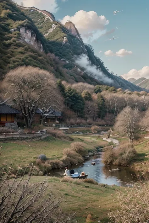 Create an image of Wu Guanzhong, showing the artist painting a typical Chinese landscape. In the scene, include craggy mountains, twisted trees and floating clouds. The artist should be shown with his palette and brush, capturing the beauty of the scene on...