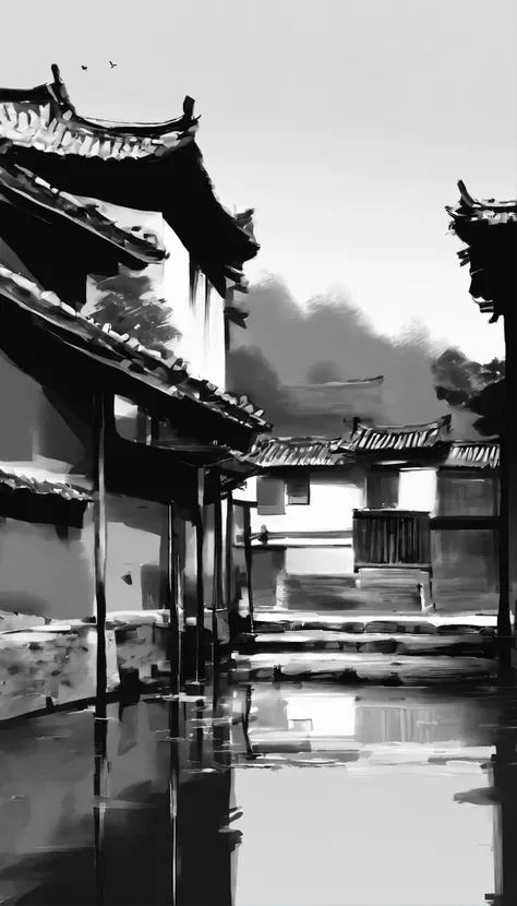 black and white tones，ink画，中国ink风格，吴冠中ink画，A combination of East and West，modern style，ink，ink，watercolor style，smudge，Jiangnan water town dwellings，black and white art，Wu Guanzhong style，Wu Guanzhong Art，Minimalism，8k，Super fine，Super realistic，masterpiec...