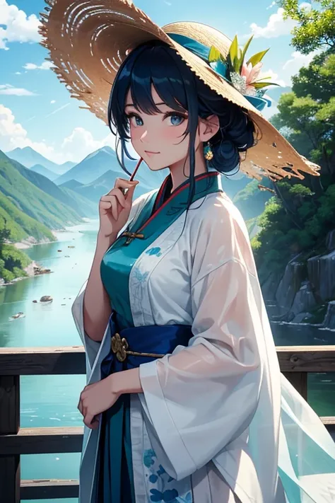 a girl standing on a bridge,clothed in traditional Chinese dress and a straw hat,looking at a beautiful river and mountains in the background,with vibrant colors and brush strokes like a Wu Guanzhong painting,warm sunlight casting a soft glow on the scene,...